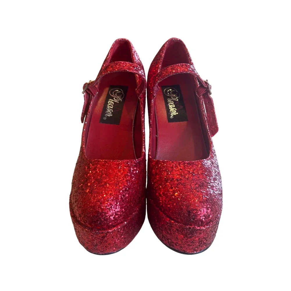 Pleaser Red Glitter Mary Jane Platform Heels Chunky Block Heel Ruby Sparkle Sz 7